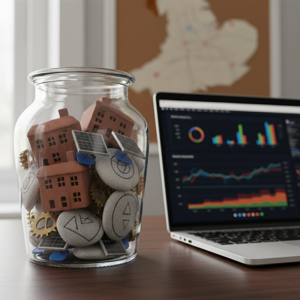 A close-up of a transparent glass jar filled with varied physical tokens symbolizing community wealth: miniature brick buildings, metal gears, tiny solar panels, and small polished stones engraved with abstract symbols. The jar sits on a smooth, dark wood desk beside a sleek, open laptop displaying blurred charts, with a subtle map outline of Nottinghamshire pinned on a cork board in the background. Soft, diffused overcast light from a side window creates a balanced, professional glow, with faint reflections on the glass. Photographic realism, composed with the jar in the foreground and office details receding into a gentle blur, evoking responsible stewardship, asset-backed security, and modern local finance infrastructure.