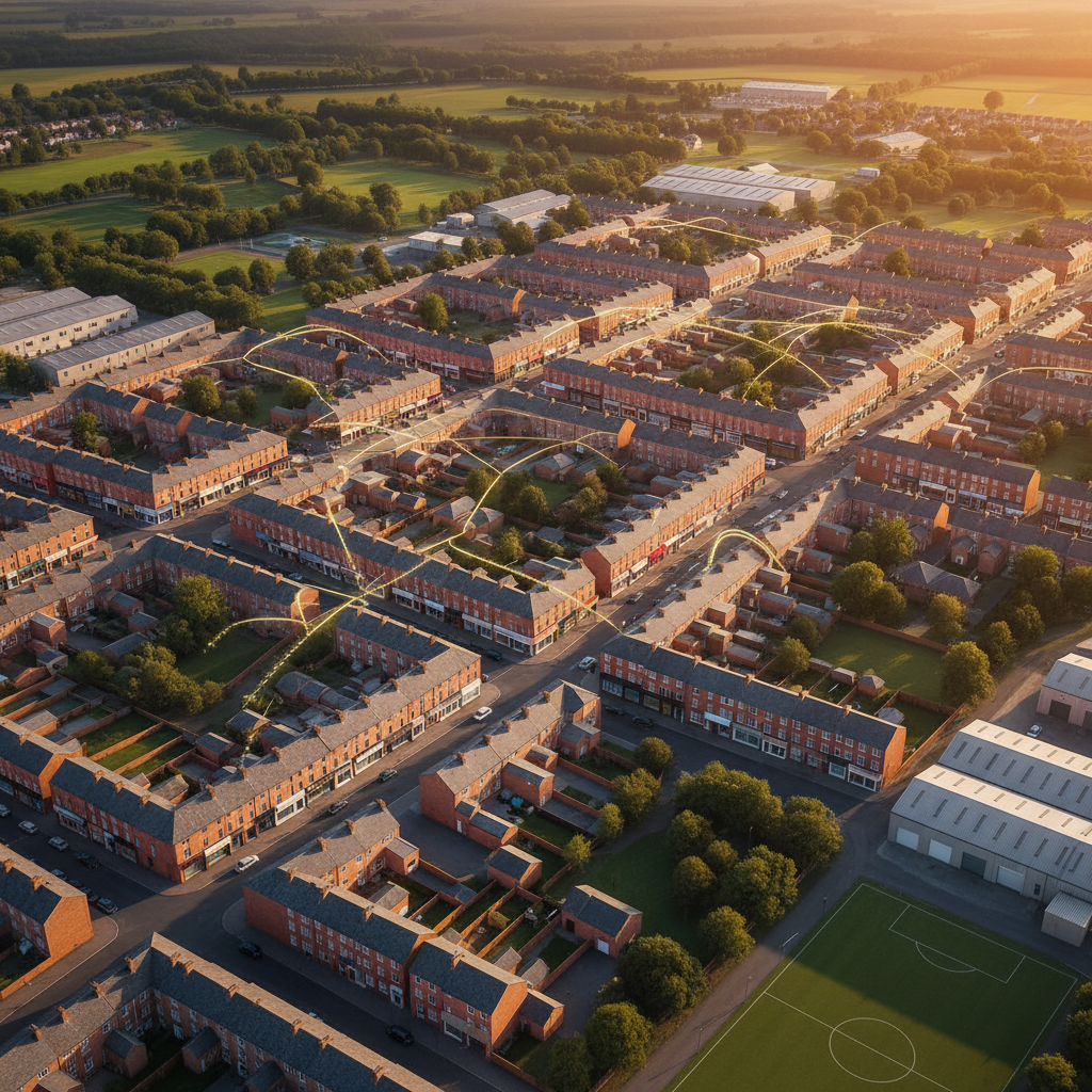 An aerial, photographic-realistic view of a stylized East Midlands market town, echoing Hucknall and Nottinghamshire, with neat rows of brick homes, small high-street shops, light industrial units, and green community spaces. Discreet glowing paths connect buildings, forming a subtle network pattern that suggests flows of local capital. The scene is captured in late-afternoon golden hour light, casting long, warm shadows and emphasizing texture on brick and slate roofs. The composition uses a wide-angle lens effect with sharp focus across the entire frame, presenting a sense of scale, order, and potential. The mood is optimistic and grounded, highlighting how a community-owned financial institution channels surpluses into a resilient, productive local economy, all without any visible people or text.